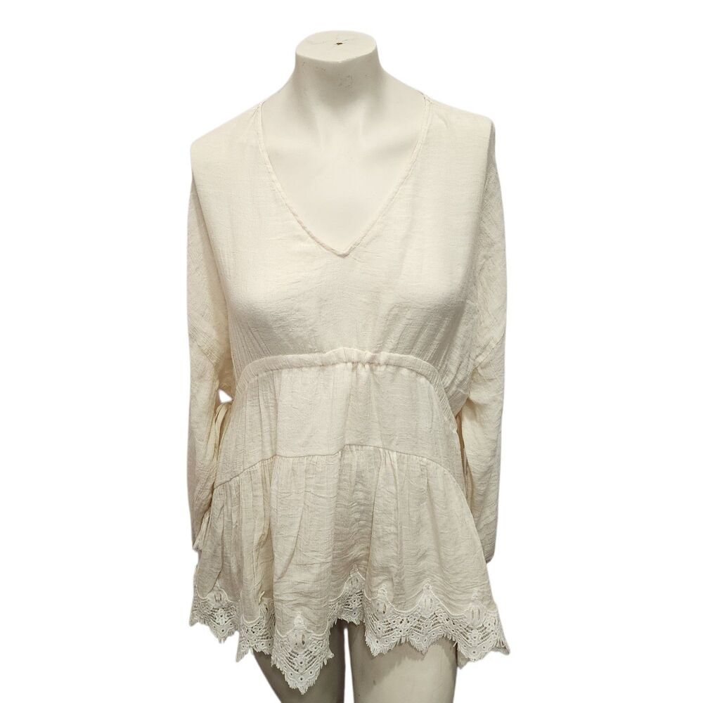 Entro Boho Lace Hem Tunic Top Small Cream V Neck Flowy Peasant Blouse